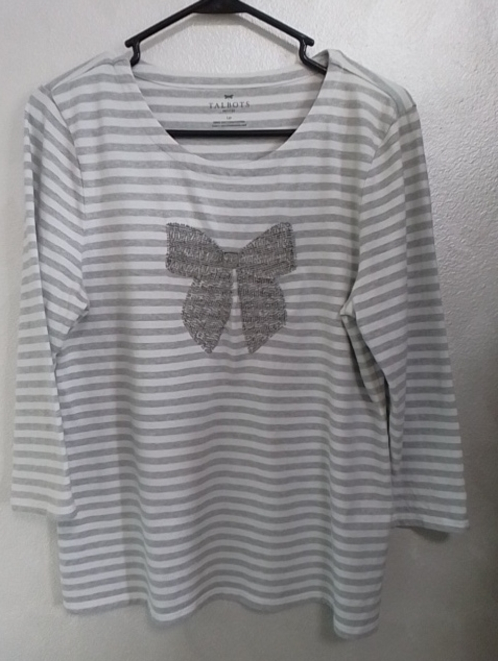 Talbots Gray and White Striped Long-Sleeve Tee with Silver Sequin Bow